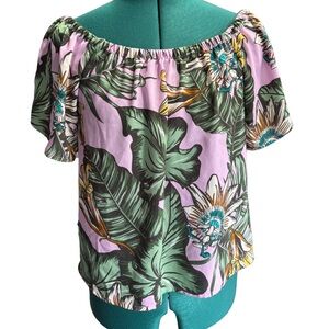 J. Crew Purple Green Tropical Floral Off-Shoulder Blouse Top